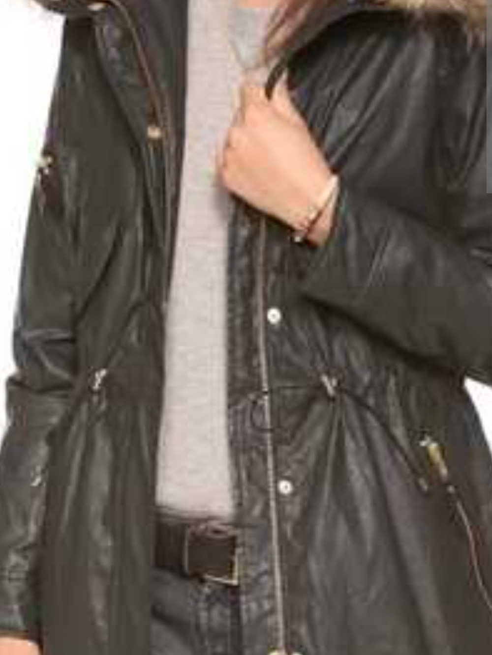 (Marc New York) hooded utility parka. It features a distinctive waxed or coated